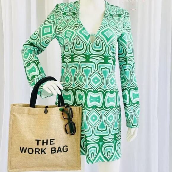 Mango retro green printed pattern dress longs sleeve 60s dress small - Picture 4 of 4